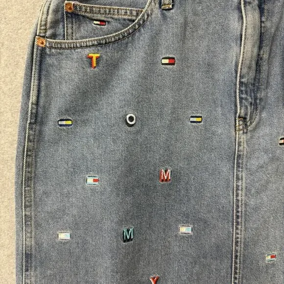 Tommy Hilfiger Embroidered Logo Denim Mini Skirt Women Size 32 Y2K Raw Hem NWT - Picture 3 of 10